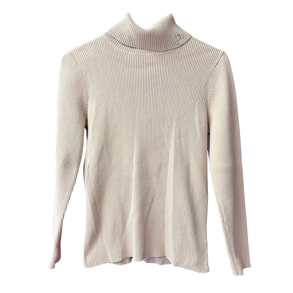 Lauren Ralph Lauren Turtleneck Women Large Tan Ribbed Cotton Long Sleeve Sweater